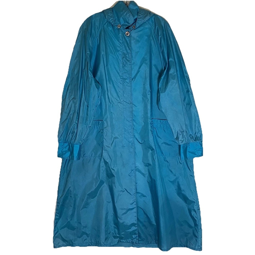 Totes Rain Coat Womens 16 Blue‎ Hooded Nylon Water Repellent Long Trench